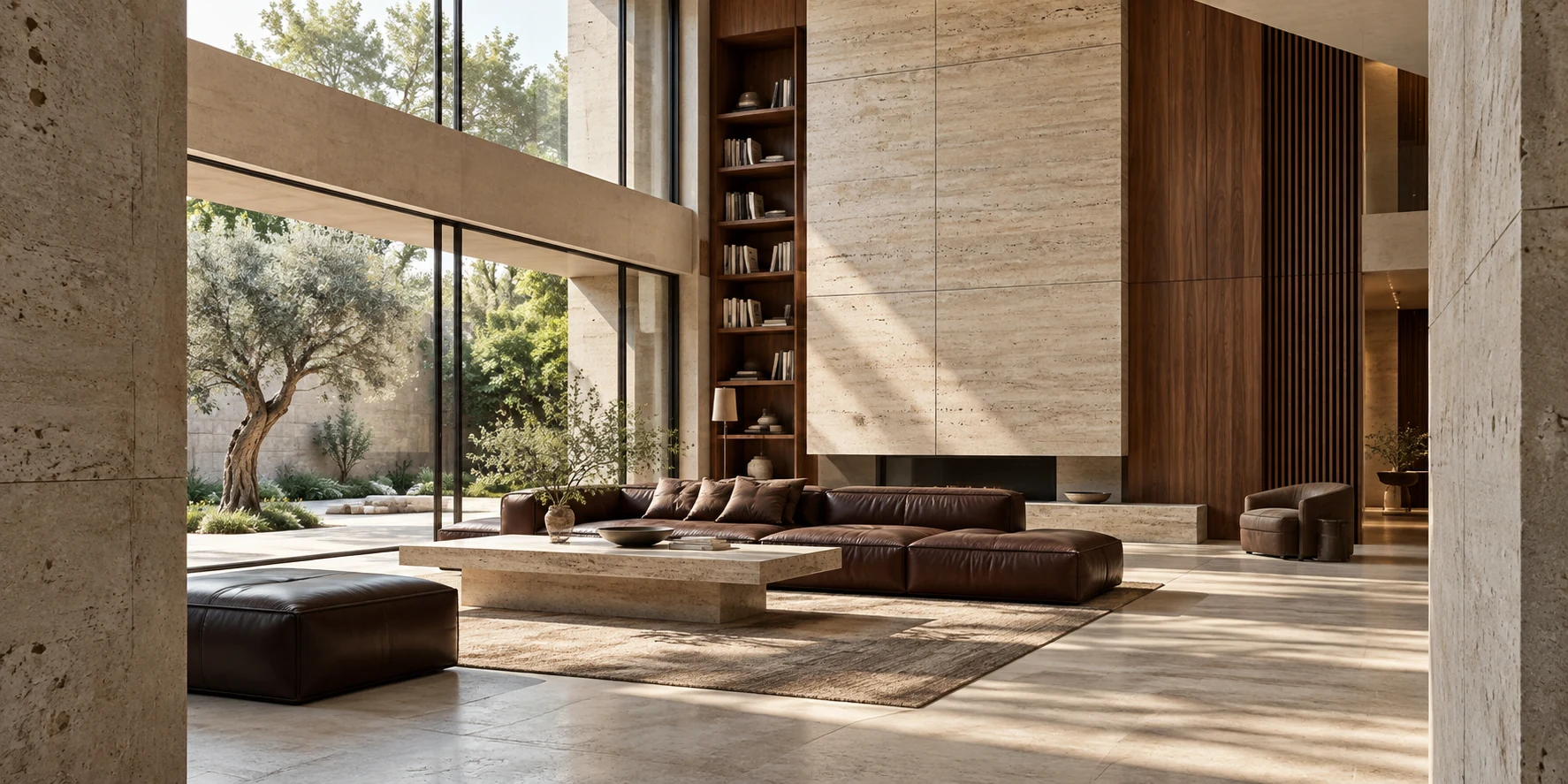 Interior dengan dinding batu kapur dan panel kayu walnut