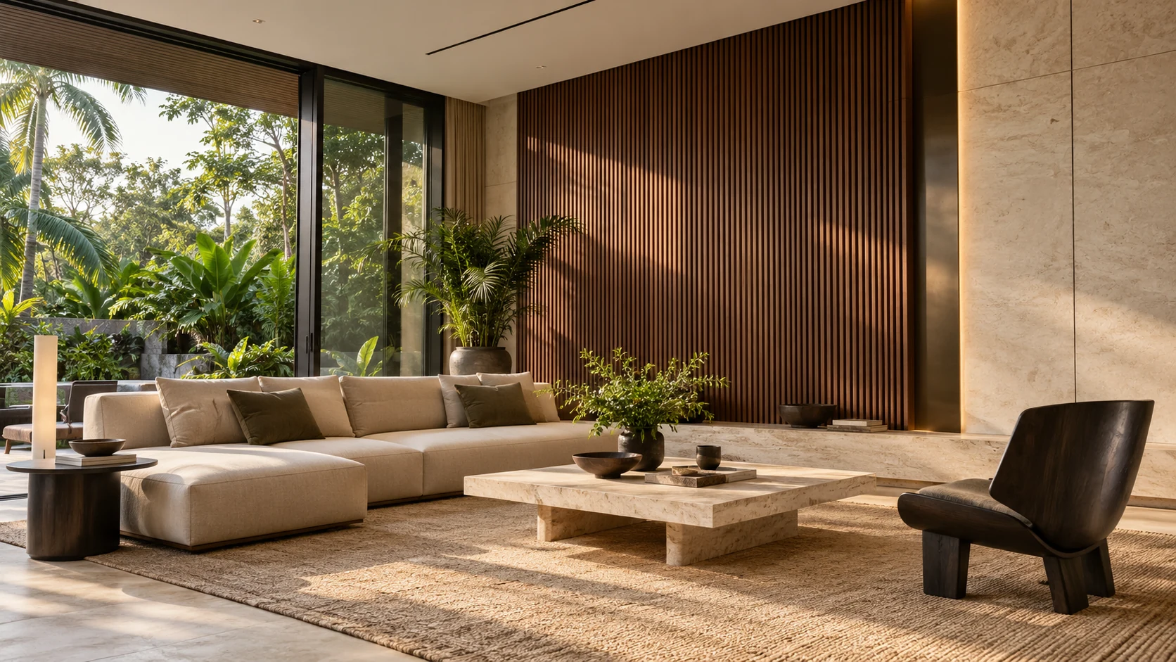 Interior modern dengan panel batu terang dan detail kayu