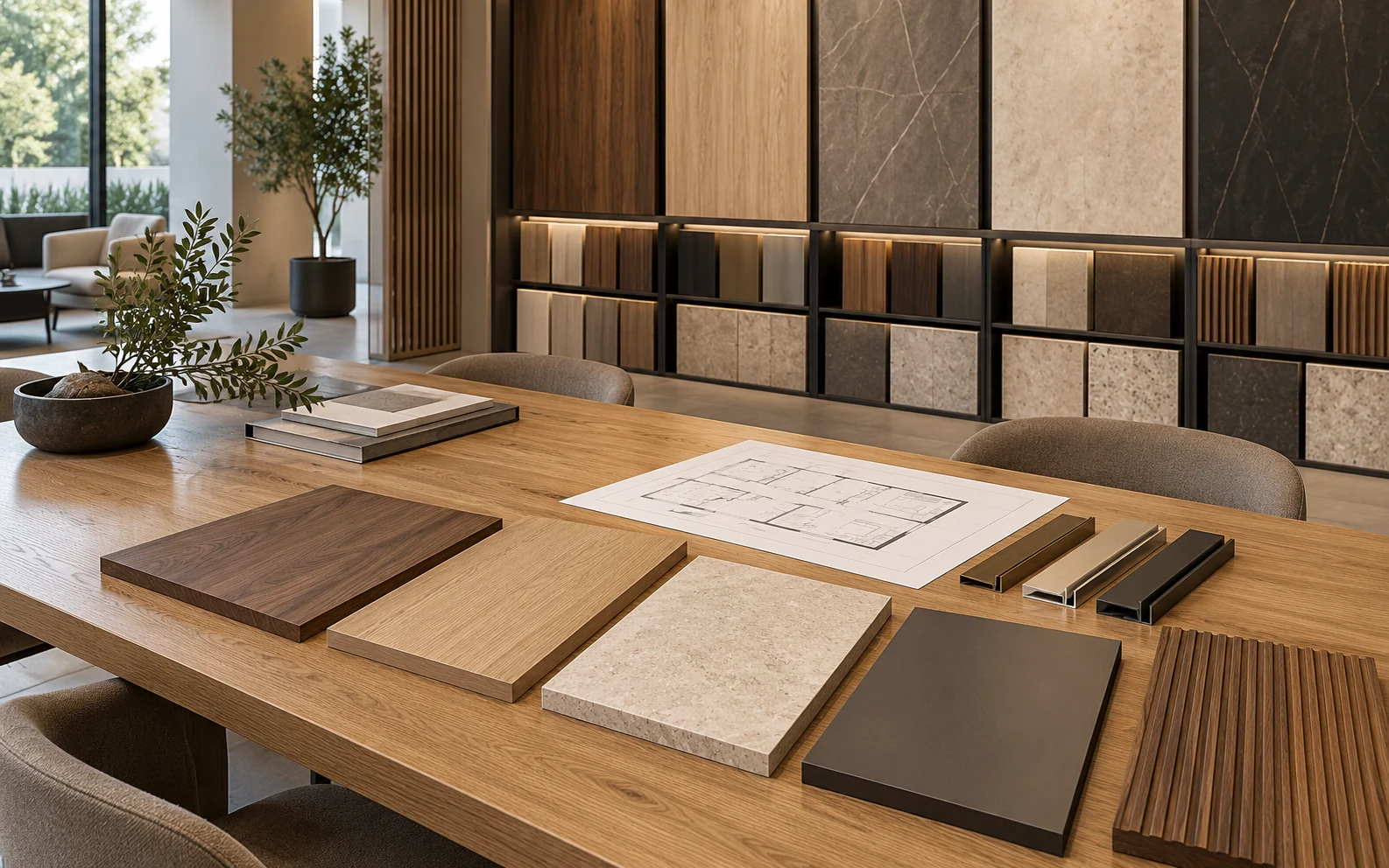 Ruang konsultasi material dengan contoh panel dan pilihan permukaan tanpa merek