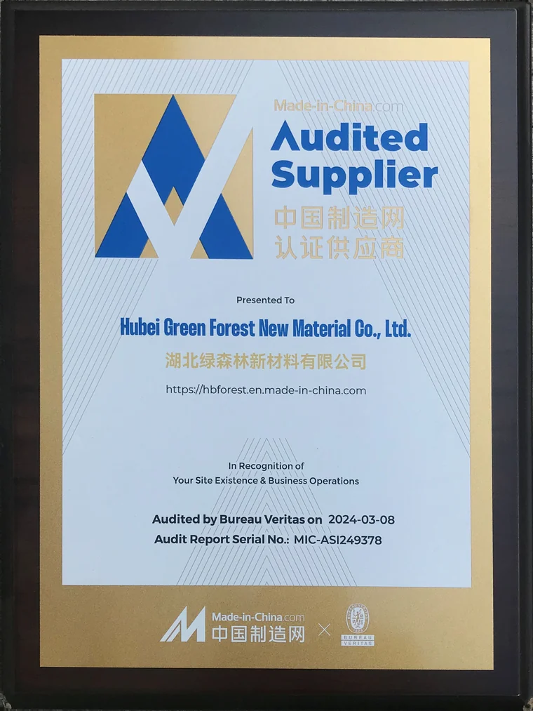 Plakat audit pemasok Hubei Green Forest oleh Bureau Veritas untuk Made-in-China.com, Maret 2024